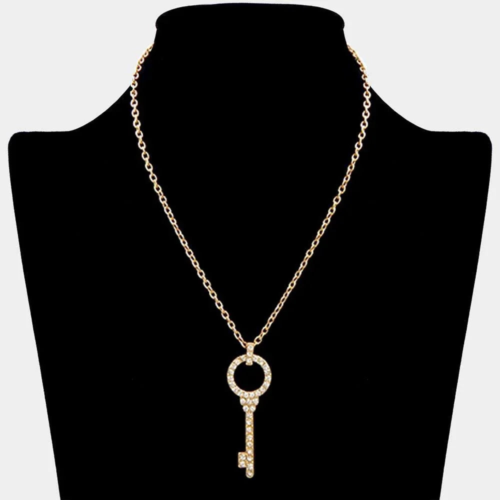 Gold Rhinestone Pave Key Pendant Necklace - Jewelry Store by Erik Rayo