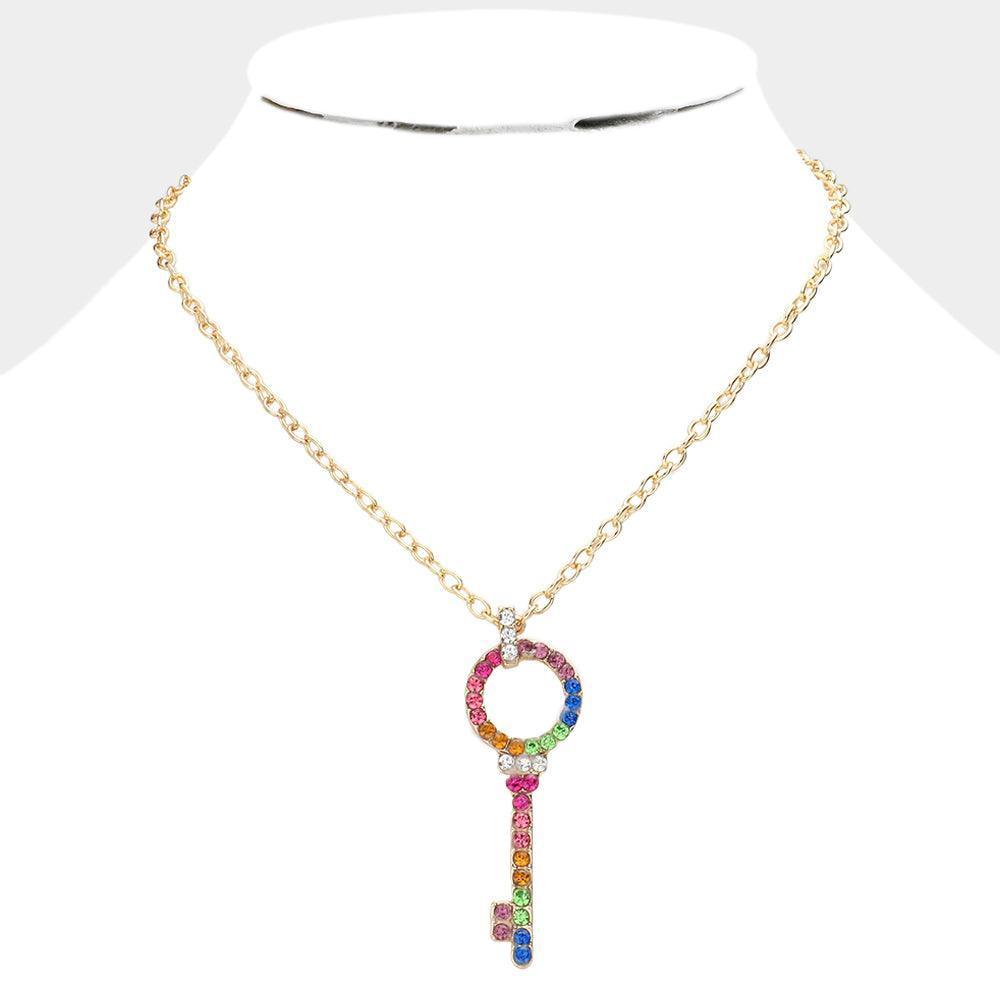Gold Rhinestone Pave Key Pendant Necklace - Jewelry Store by Erik Rayo