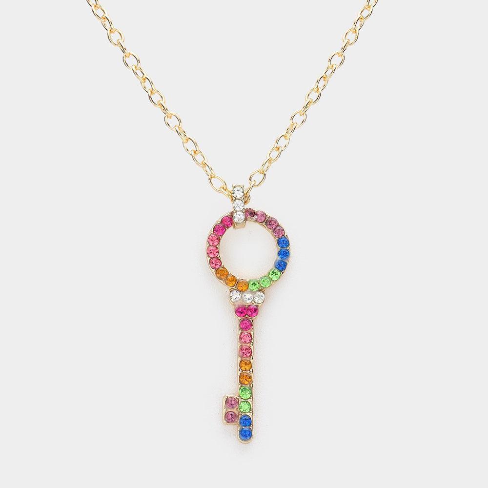 Gold Rhinestone Pave Key Pendant Necklace - Jewelry Store by Erik Rayo