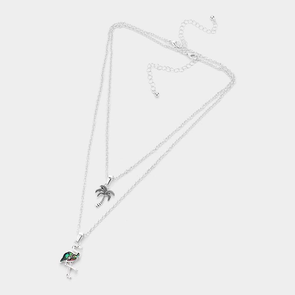 Silver 2PCS - Antique Metal Palm Tree Abalone Flamingo Pendant Necklace - Jewelry Store by Erik Rayo