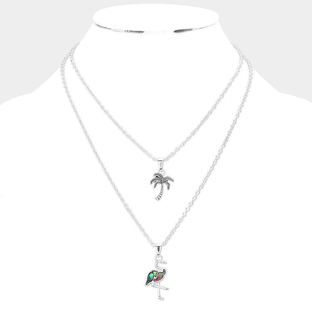 Silver 2PCS - Antique Metal Palm Tree Abalone Flamingo Pendant Necklace - Jewelry Store by Erik Rayo