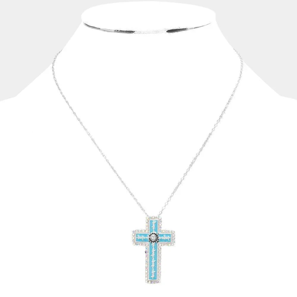 Turquoise Enamel Cross Pendant Necklace - Jewelry Store by Erik Rayo
