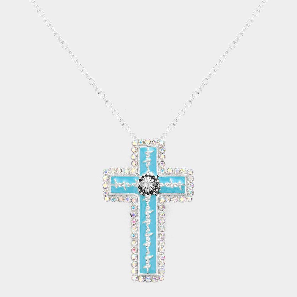 Turquoise Enamel Cross Pendant Necklace