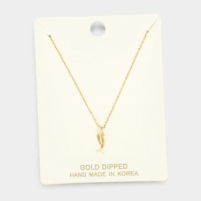 Gold Gold Dipped Metal Fishbone Pendant Necklace