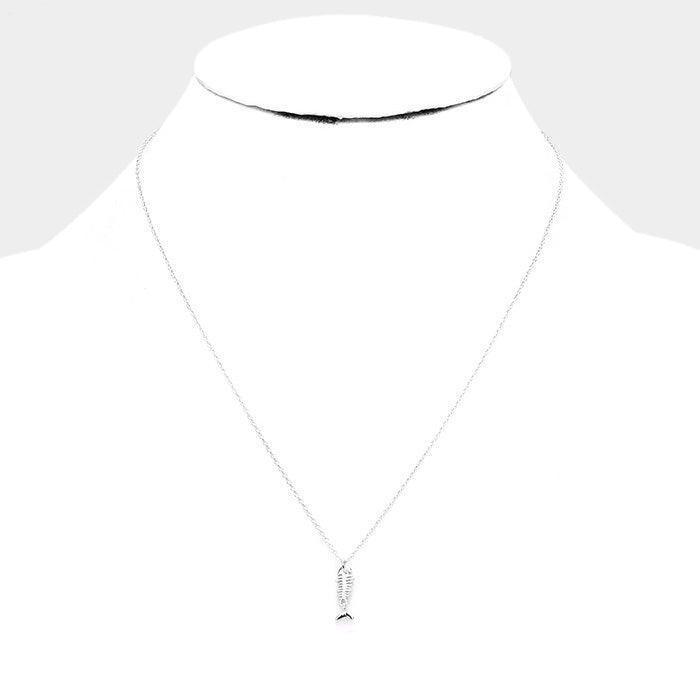 White Gold Dipped Metal Fishbone Pendant Necklace - Jewelry Store by Erik Rayo