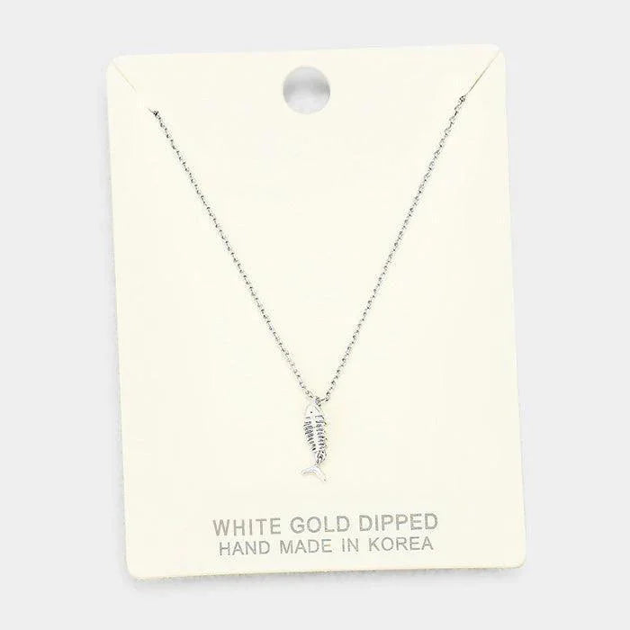 White Gold Dipped Metal Fishbone Pendant Necklace - Jewelry Store by Erik Rayo