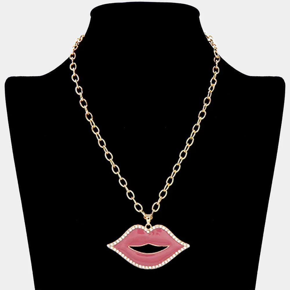 Pink Rhinestone Pave Around Enamel Lip Pendant Necklace - Jewelry Store by Erik Rayo