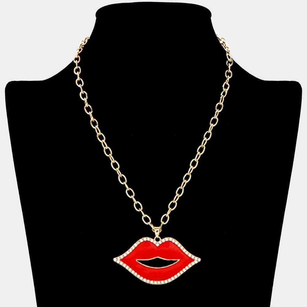 Red Rhinestone Pave Around Enamel Lip Pendant Necklace - Jewelry Store by Erik Rayo