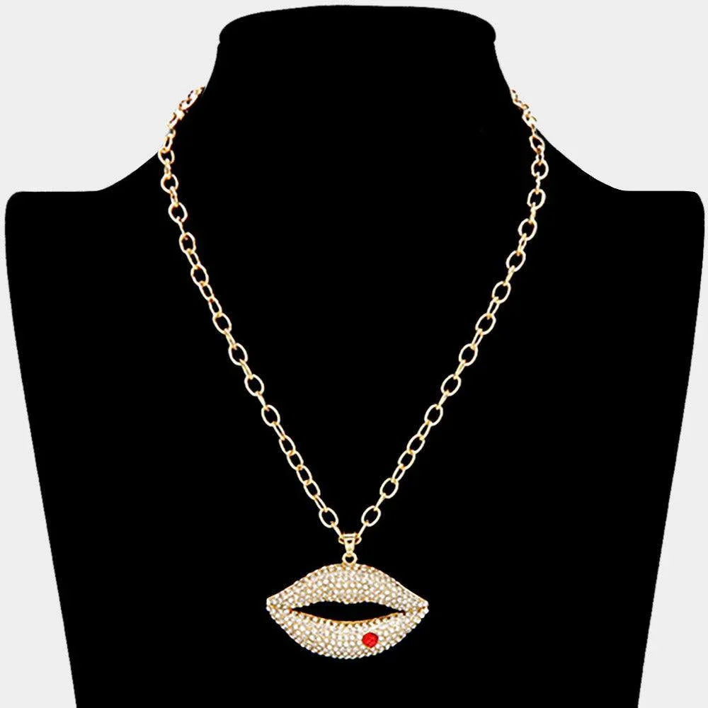 Gold Rhinestone Paved Lip Pendant Necklace - Jewelry Store by Erik Rayo