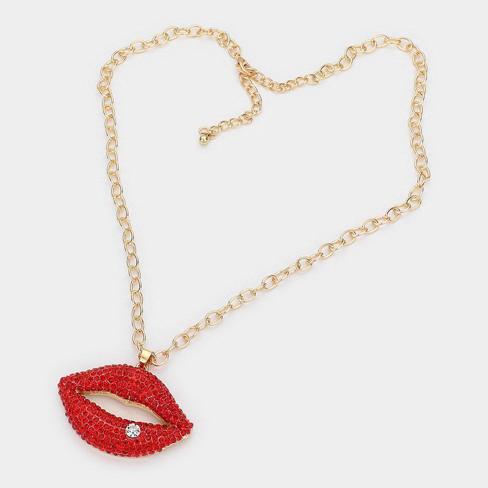 Red Rhinestone Paved Lip Pendant Necklace - Jewelry Store by Erik Rayo