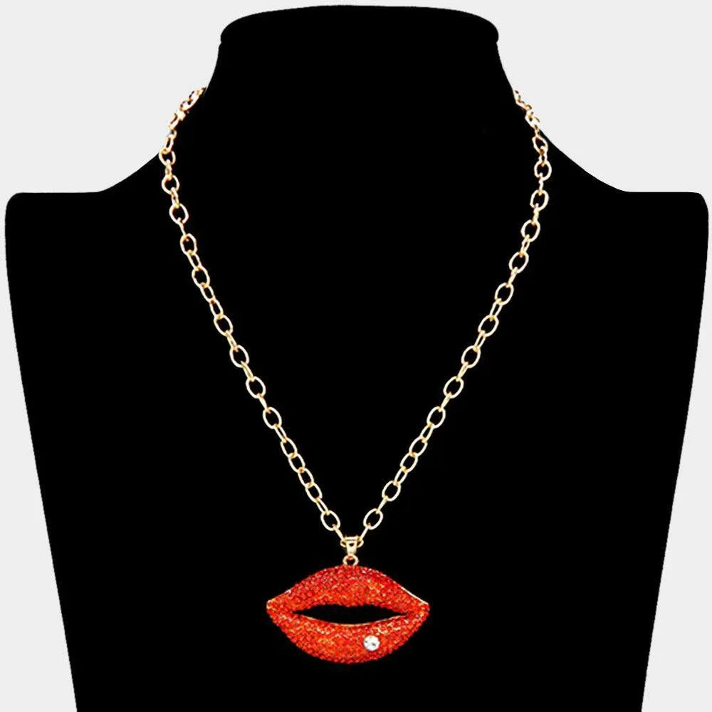 Red Rhinestone Paved Lip Pendant Necklace - Jewelry Store by Erik Rayo