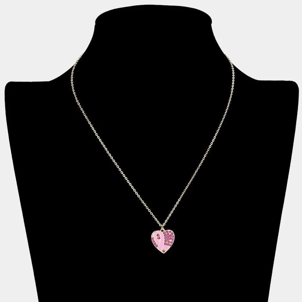 Pink Enamel Pink Ribbon Accented Rhinestone Embellished Heart Pendant Necklace - Jewelry Store by Erik Rayo