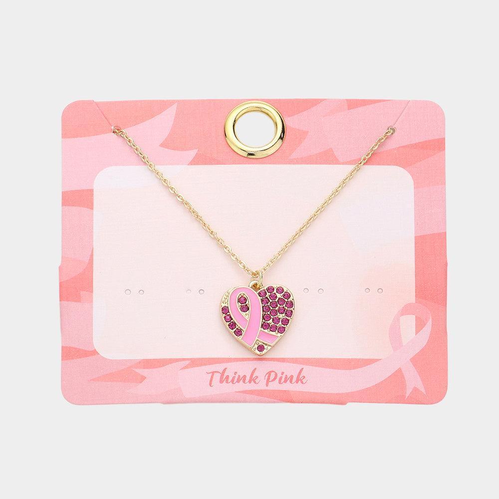 Pink Enamel Pink Ribbon Accented Rhinestone Embellished Heart Pendant Necklace - Jewelry Store by Erik Rayo