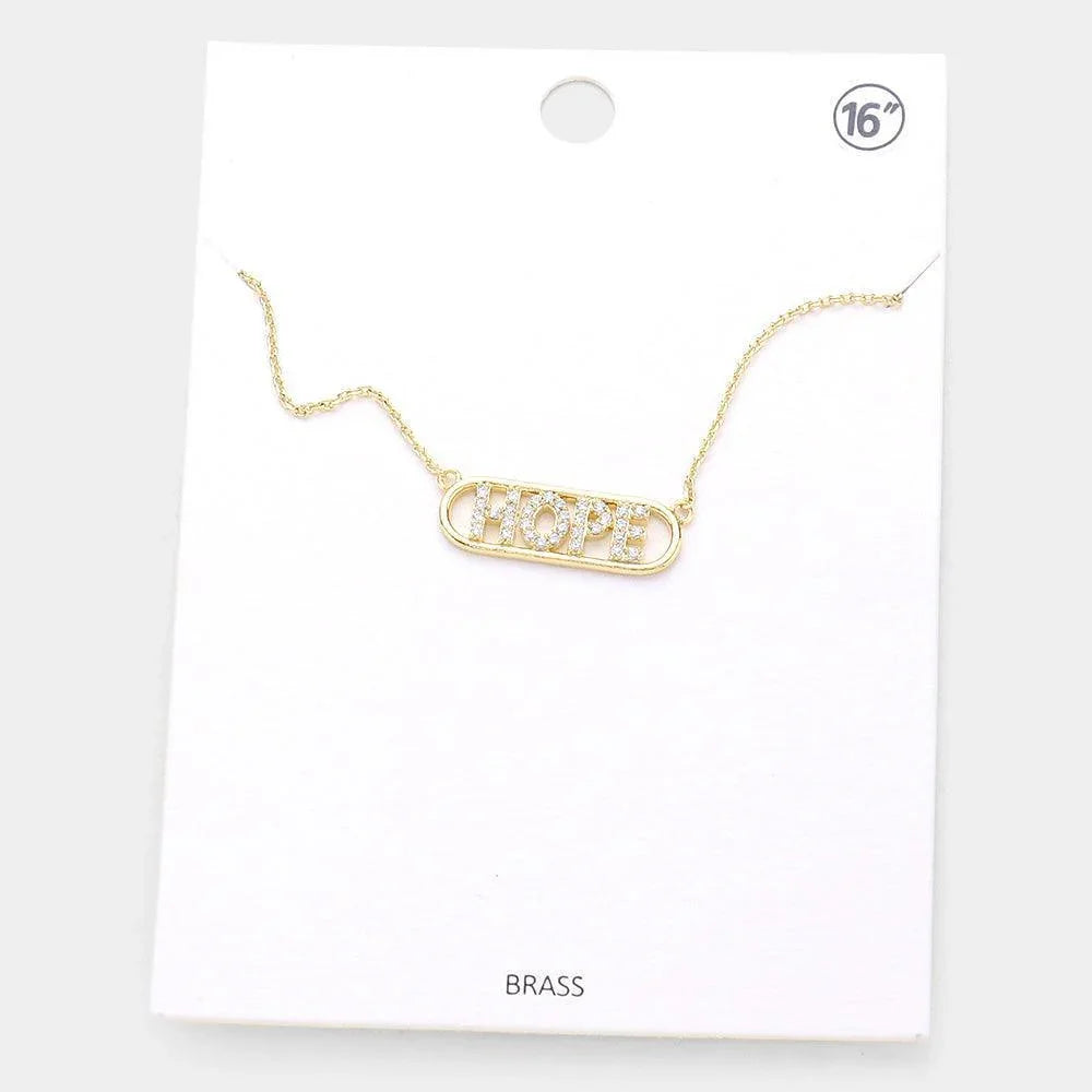 Gold HOPE Brass Rhinestone Embellished Message Pendant Necklace - Jewelry Store by Erik Rayo