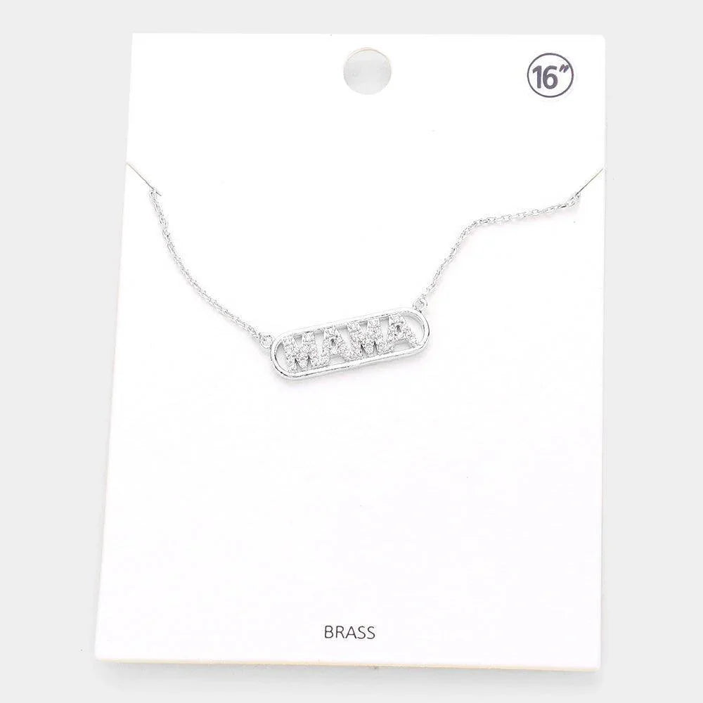 MAMA Brass Metal Rhinestone Embellished Message Pendant Necklace - Jewelry Store by Erik Rayo