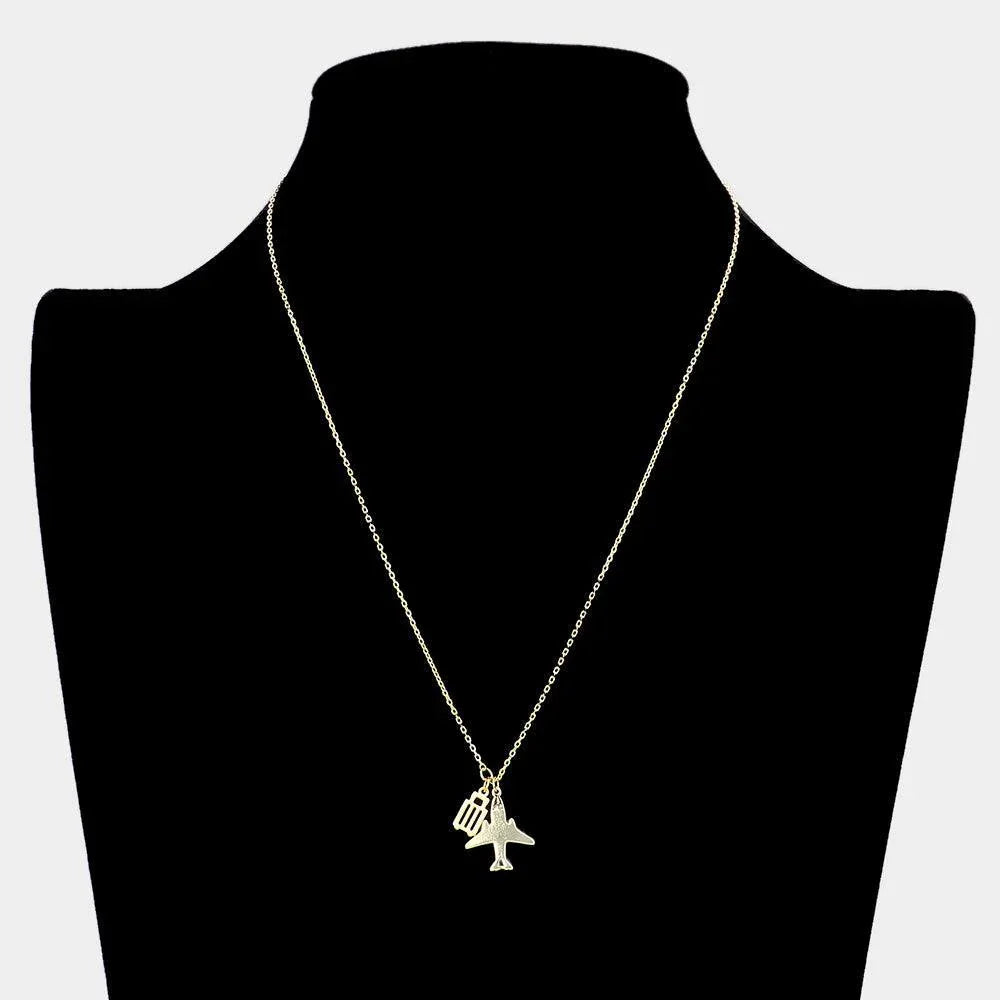 Gold Brass Metal Airplane Suitcase Pendant Necklace - Jewelry Store by Erik Rayo