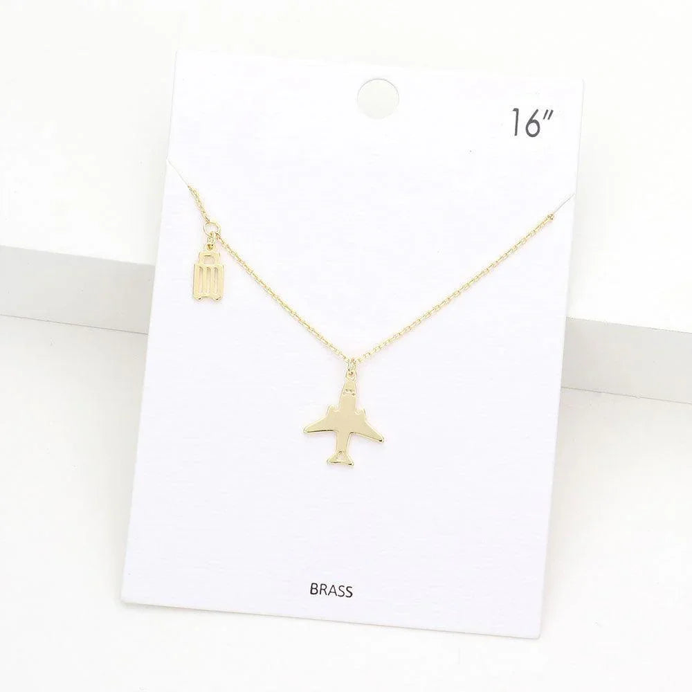 Gold Brass Metal Airplane Suitcase Pendant Necklace - Jewelry Store by Erik Rayo