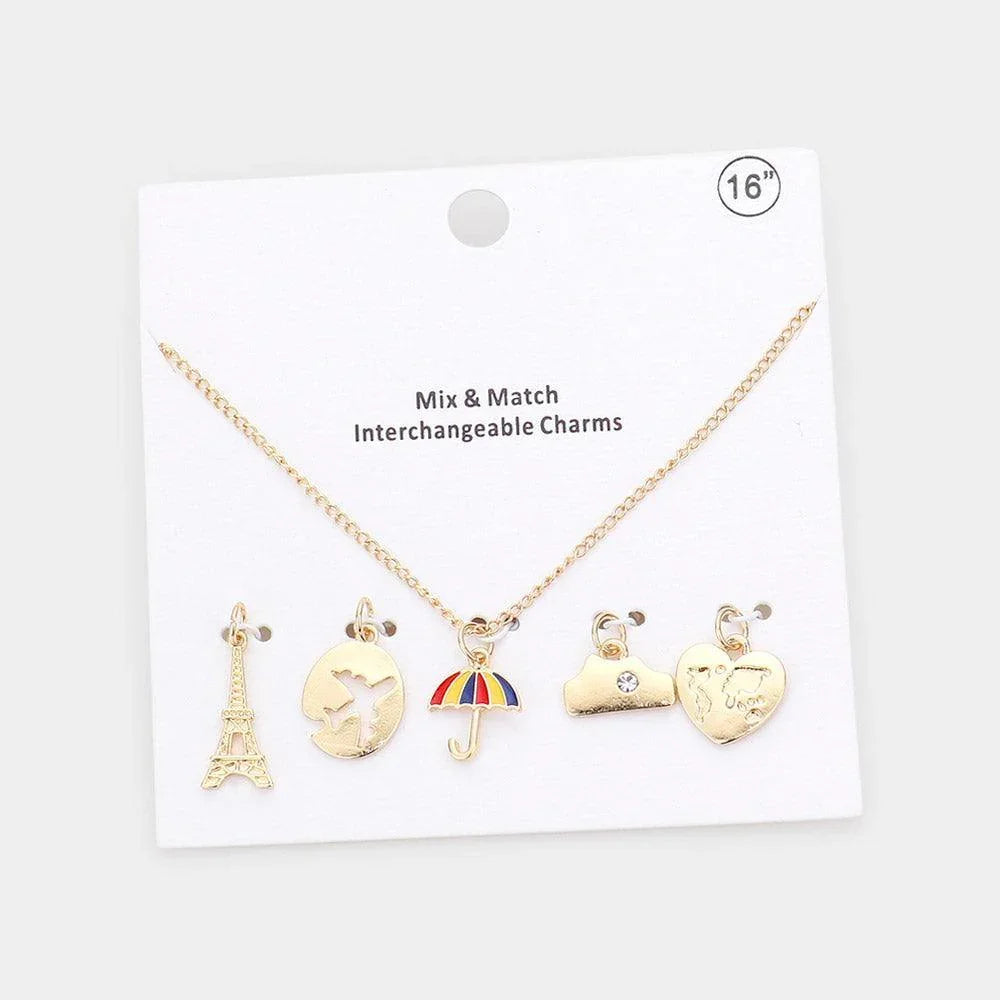 Gold Eiffel Tower Airplane Umbrella Heart Interchangeable Pendant Necklace - Jewelry Store by Erik Rayo