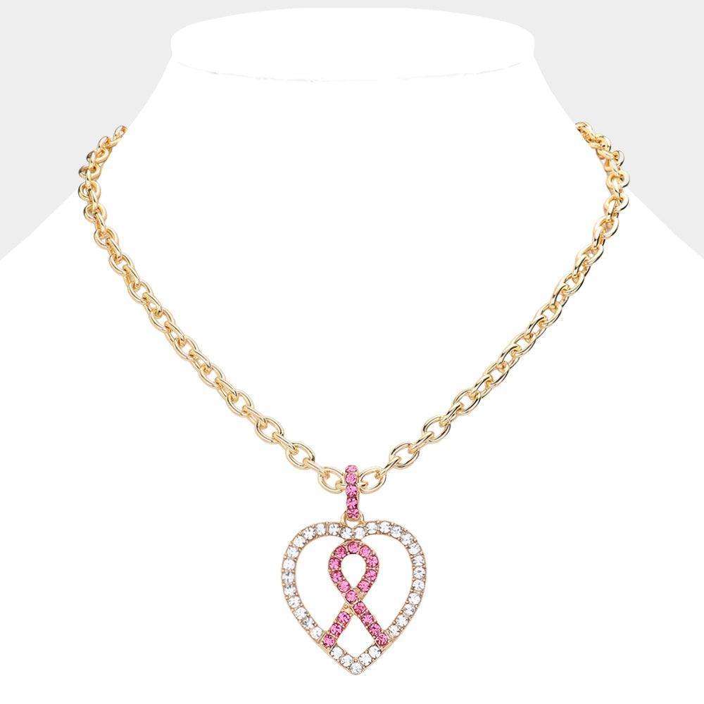 Clear Rhinestone Pave Pink Ribbon Heard Pendant Necklace - Jewelry Store by Erik Rayo