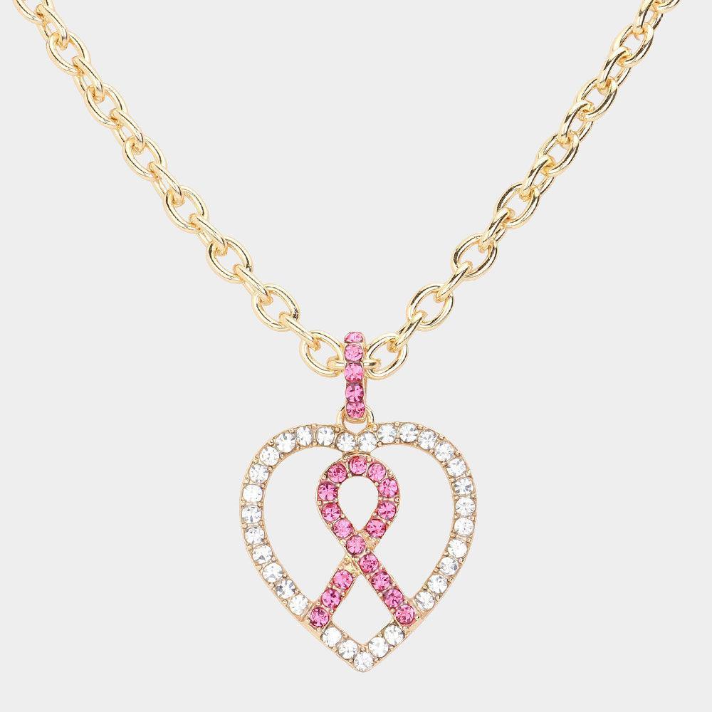 Clear Rhinestone Pave Pink Ribbon Heard Pendant Necklace - Jewelry Store by Erik Rayo