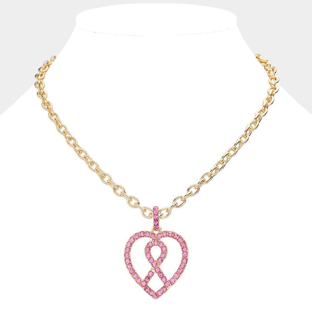 Pink Rhinestone Pave Pink Ribbon Heard Pendant Necklace - Jewelry Store by Erik Rayo
