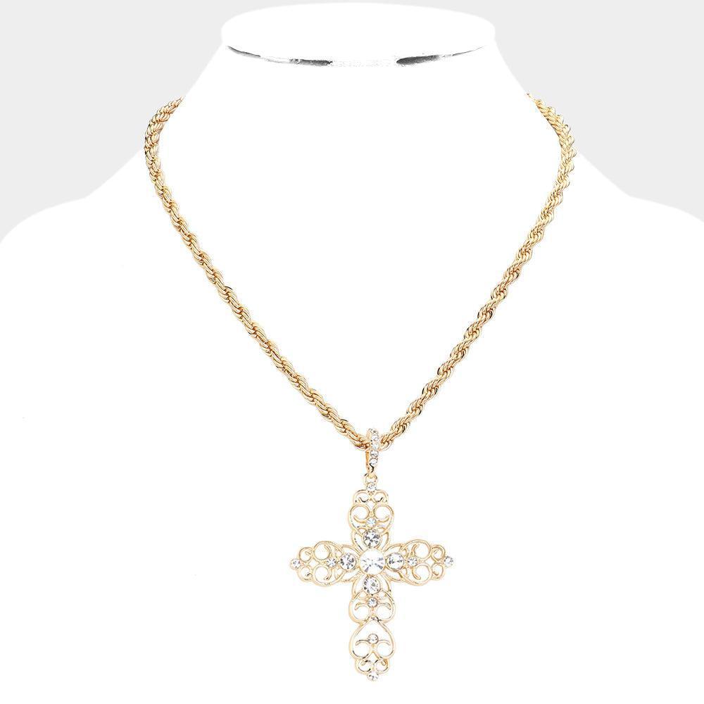 Gold Round Stone Embellished Cross Pendant Necklace - Jewelry Store by Erik Rayo