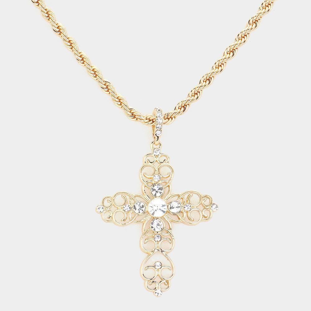Gold Round Stone Embellished Cross Pendant Necklace - Jewelry Store by Erik Rayo
