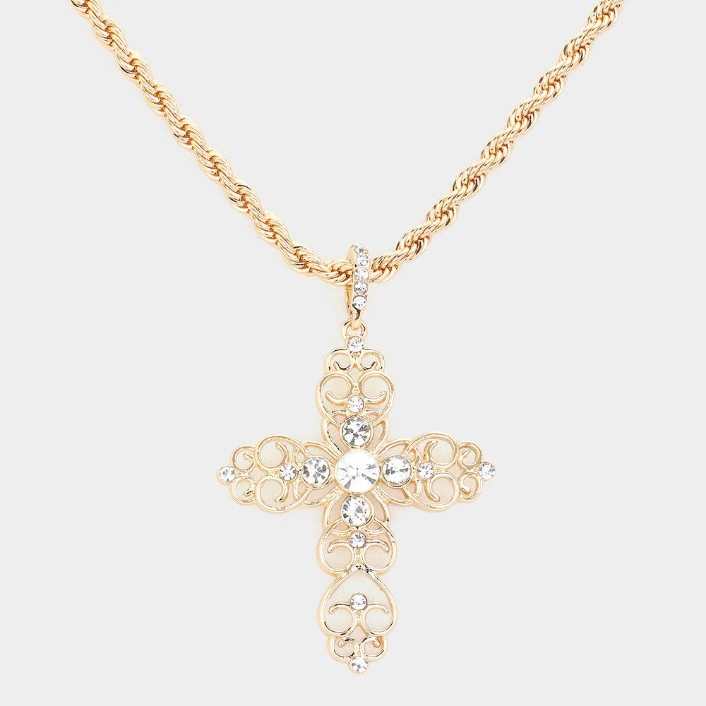 Gold Round Stone Embellished Cross Pendant Necklace