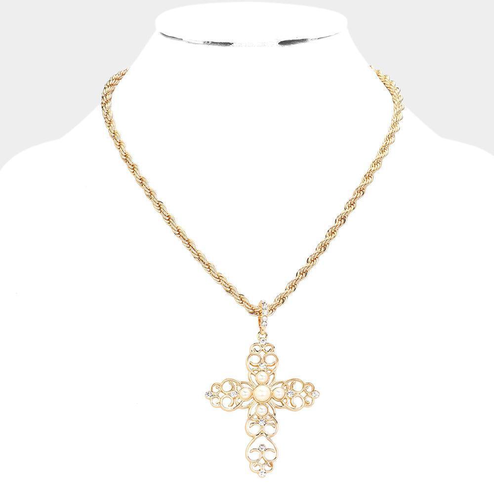 Cream Round Pearl Embellished Cross Pendant Necklace - Jewelry Store by Erik Rayo