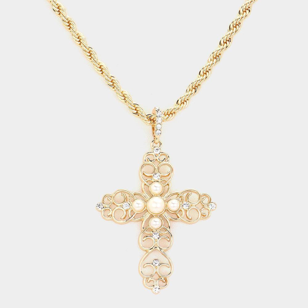 Cream Round Pearl Embellished Cross Pendant Necklace - Jewelry Store by Erik Rayo