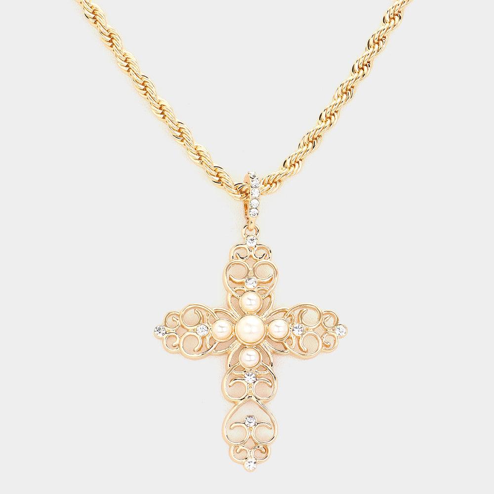 Cream Round Pearl Embellished Cross Pendant Necklace