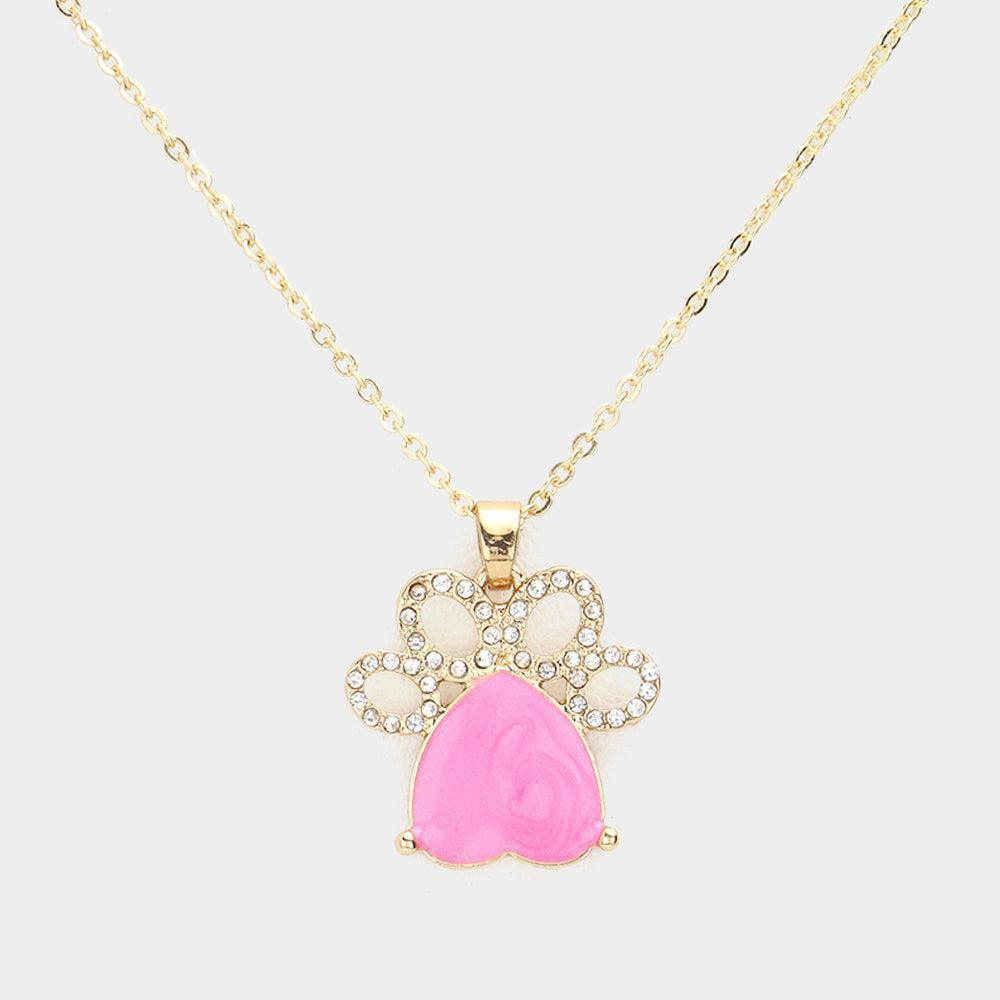 Pink Glittered Heart Pointed Paw Pendant Necklace - Jewelry Store by Erik Rayo