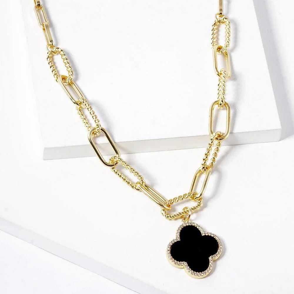 Black Gold Dipped Quatrefoil Pendant Paperclip Chain Necklace - Jewelry Store by Erik Rayo