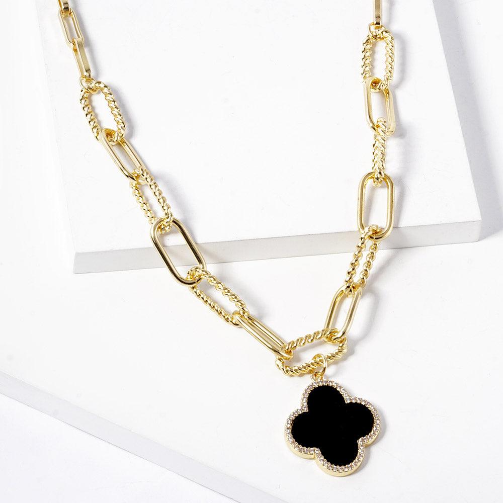 Black Gold Dipped Quatrefoil Pendant Paperclip Chain Necklace