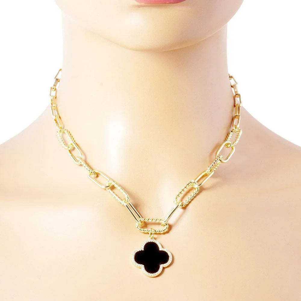 Black Gold Dipped Quatrefoil Pendant Paperclip Chain Necklace - Jewelry Store by Erik Rayo