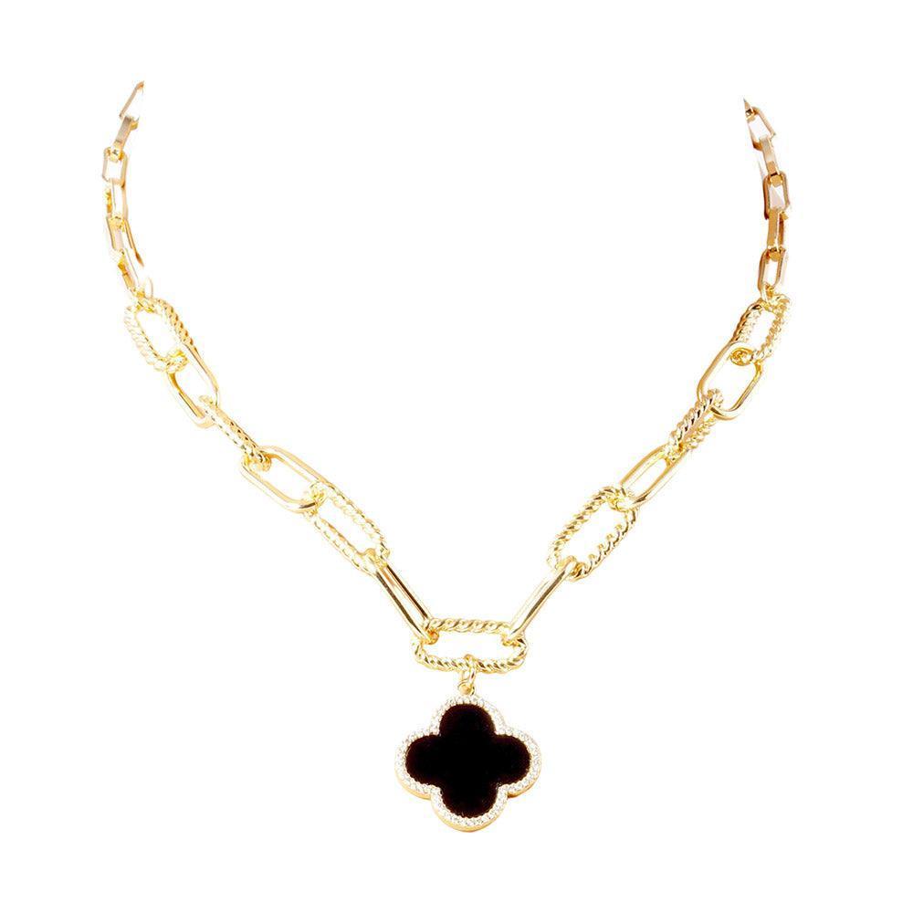 Black Gold Dipped Quatrefoil Pendant Paperclip Chain Necklace - Jewelry Store by Erik Rayo