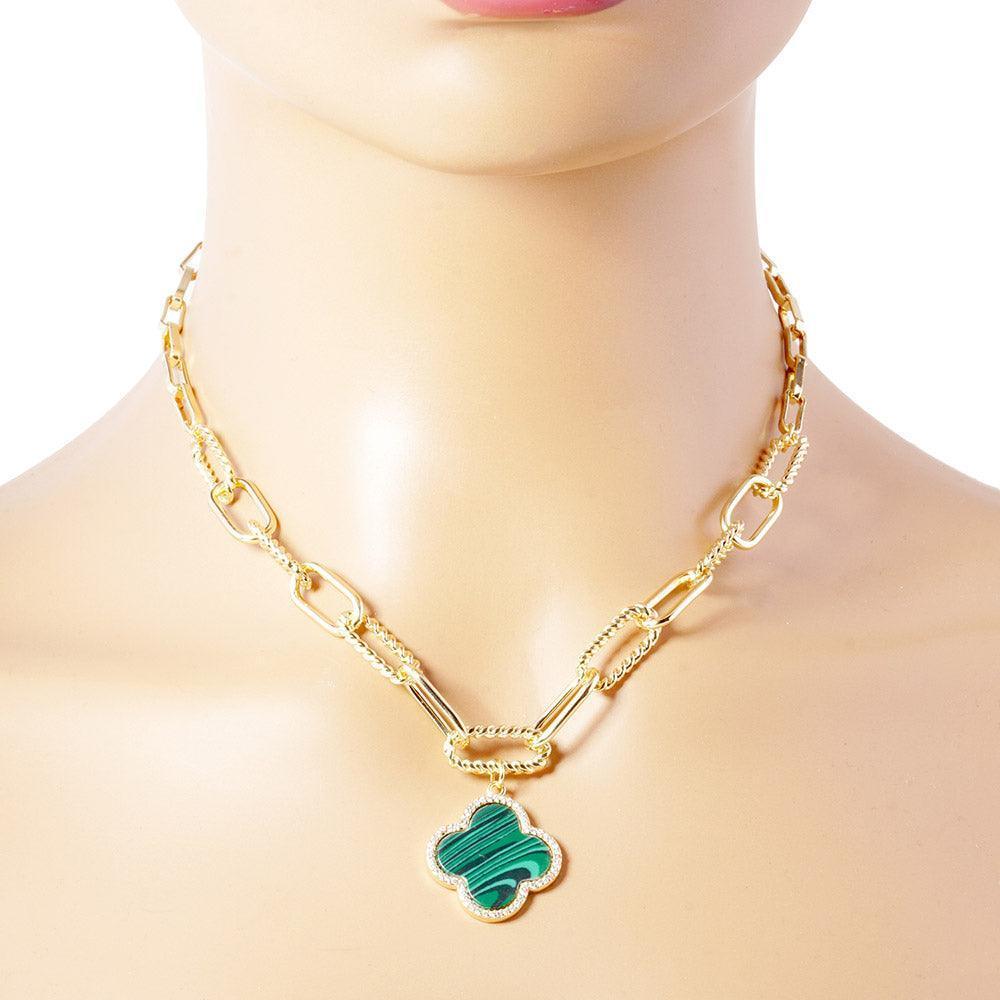 Green Gold Dipped Quatrefoil Pendant Paperclip Chain Necklace - Jewelry Store by Erik Rayo