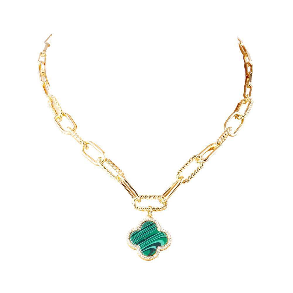 Green Gold Dipped Quatrefoil Pendant Paperclip Chain Necklace - Jewelry Store by Erik Rayo