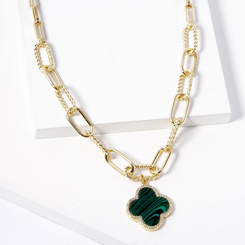 Green Gold Dipped Quatrefoil Pendant Paperclip Chain Necklace