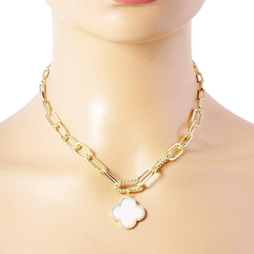 Pink Gold Dipped Quatrefoil Pendant Paperclip Chain Necklace - Jewelry Store by Erik Rayo