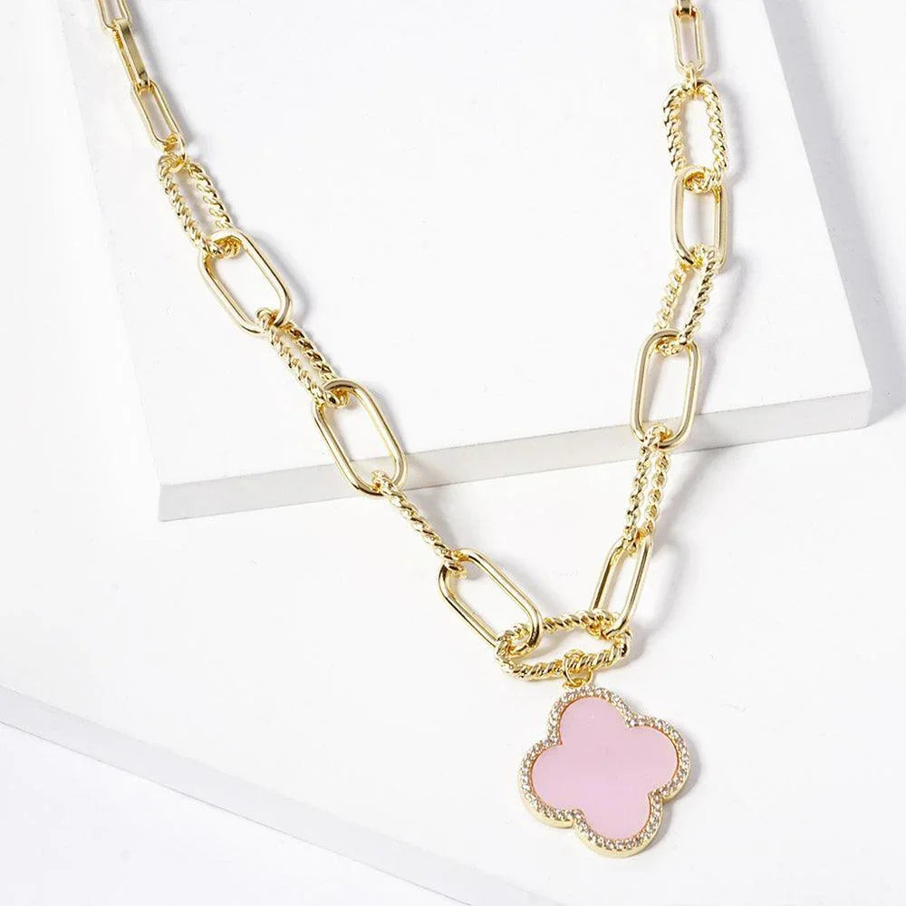 Pink Gold Dipped Quatrefoil Pendant Paperclip Chain Necklace - Jewelry Store by Erik Rayo