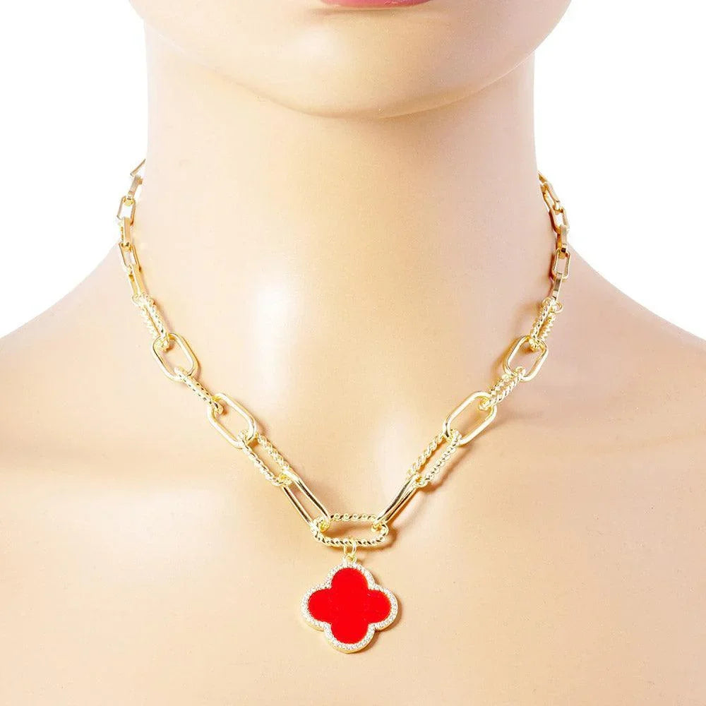 Red Gold Dipped Quatrefoil Pendant Paperclip Chain Necklace - Jewelry Store by Erik Rayo