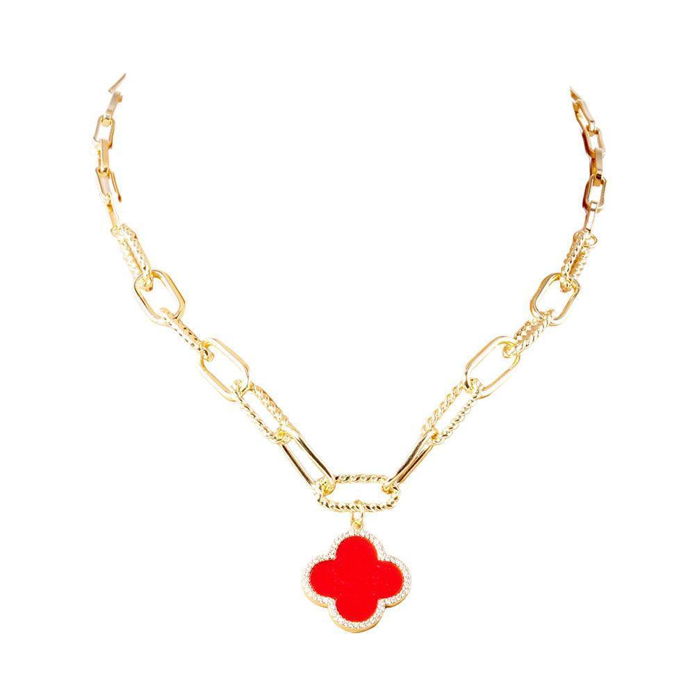Red Gold Dipped Quatrefoil Pendant Paperclip Chain Necklace - Jewelry Store by Erik Rayo