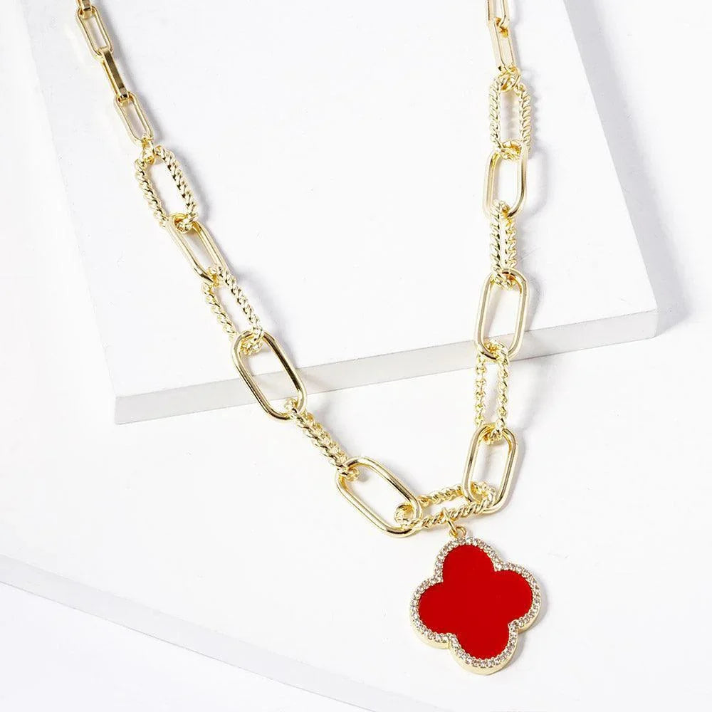 Red Gold Dipped Quatrefoil Pendant Paperclip Chain Necklace - Jewelry Store by Erik Rayo