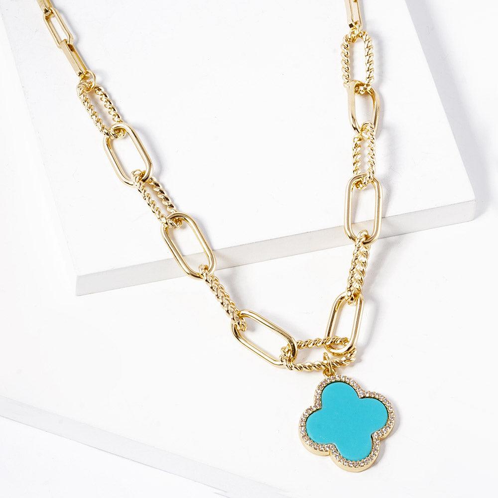 Turquoise Gold Dipped Quatrefoil Pendant Paperclip Chain Necklace