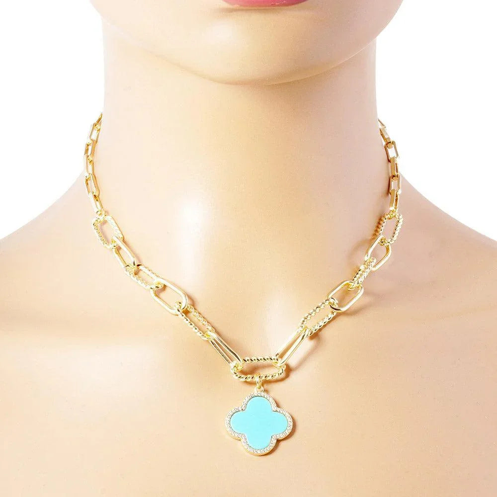Turquoise Gold Dipped Quatrefoil Pendant Paperclip Chain Necklace - Jewelry Store by Erik Rayo