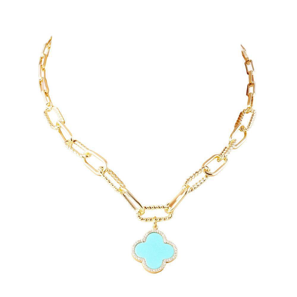 Turquoise Gold Dipped Quatrefoil Pendant Paperclip Chain Necklace - Jewelry Store by Erik Rayo