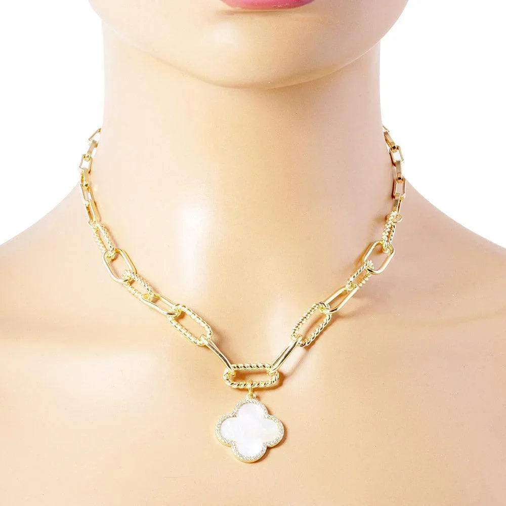 White Gold Dipped Quatrefoil Pendant Paperclip Chain Necklace - Jewelry Store by Erik Rayo