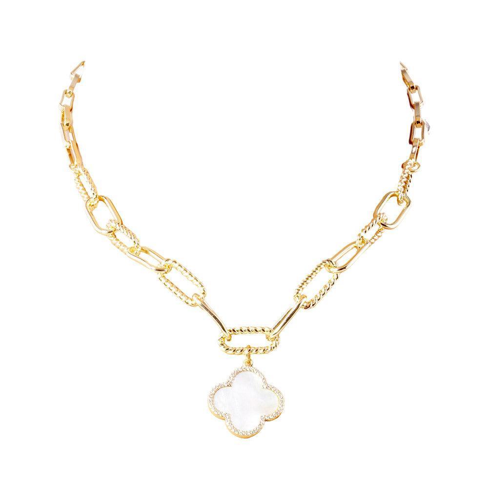 White Gold Dipped Quatrefoil Pendant Paperclip Chain Necklace - Jewelry Store by Erik Rayo