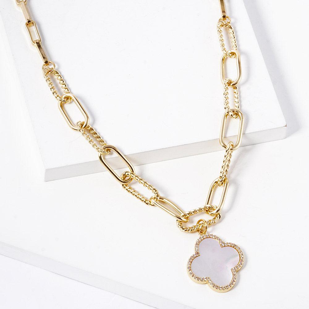 White Gold Dipped Quatrefoil Pendant Paperclip Chain Necklace